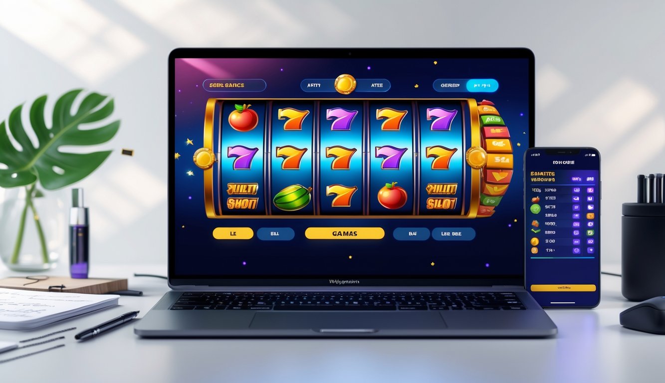 Seorang pemain sedang menggunakan komputer dengan tampilan permainan mesin slot online yang berwarna-warni dan simbol-simbol populer, di meja terdapat catatan dan ponsel yang menunjukkan statistik permainan.