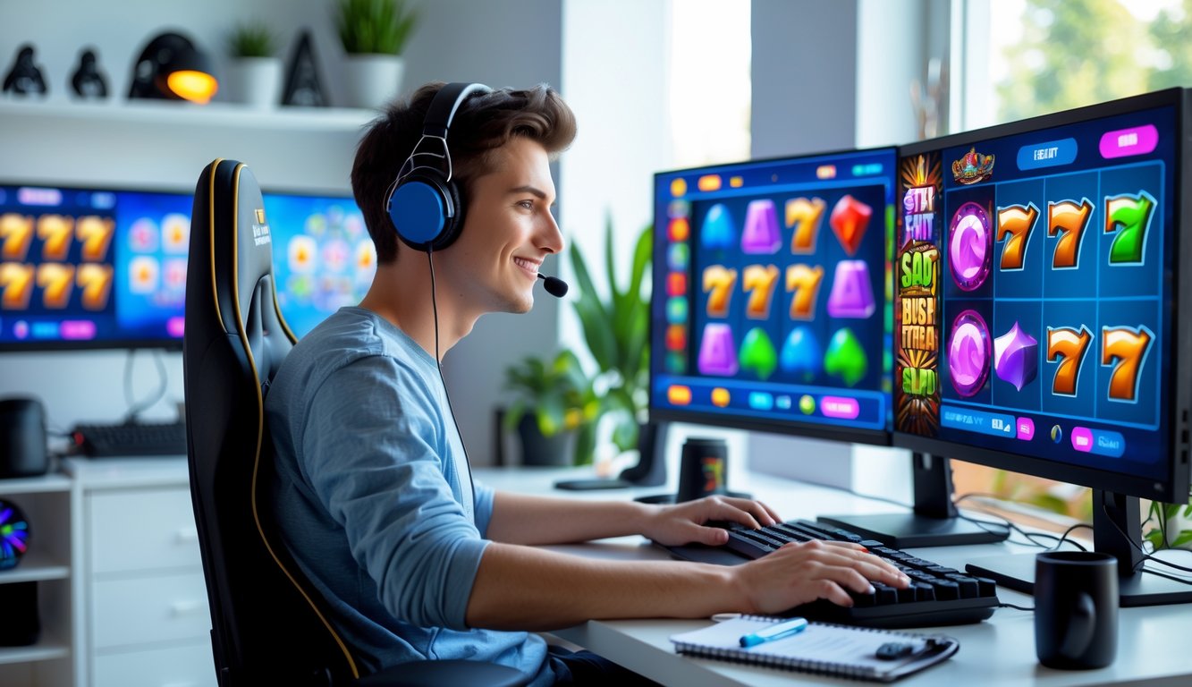 Seorang pria muda duduk di meja dengan beberapa monitor komputer yang menampilkan permainan slot online, terlihat fokus dan tersenyum sambil belajar pola permainan.