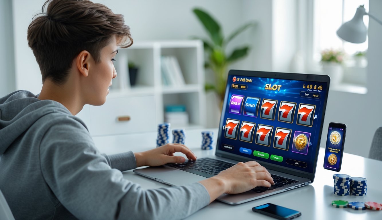 Seorang pemain muda sedang menggunakan laptop dengan tampilan permainan slot online di meja kerja yang rapi di rumah.