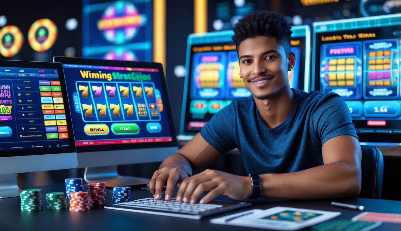Seorang dewasa muda duduk di meja dengan beberapa perangkat digital yang menampilkan permainan slot online dan grafik strategi kemenangan.