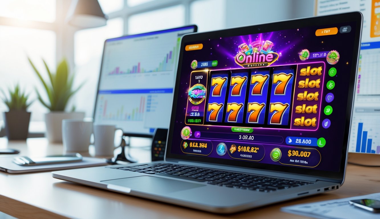Seorang profesional sedang menggunakan komputer dengan permainan slot online di layar, dikelilingi oleh alat tulis dan ponsel di meja kerja yang rapi.