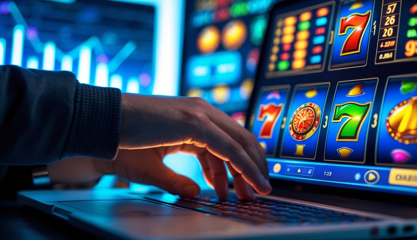Seseorang menggunakan laptop dengan tampilan mesin slot online berwarna-warni dan grafik data di layar kedua, menggambarkan aktivitas bermain slot online dengan strategi untuk meningkatkan jackpot.