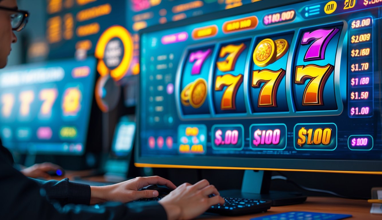 Seseorang menggunakan komputer dengan tampilan permainan slot online berwarna-warni dan grafik jackpot, di meja kerja yang rapi.