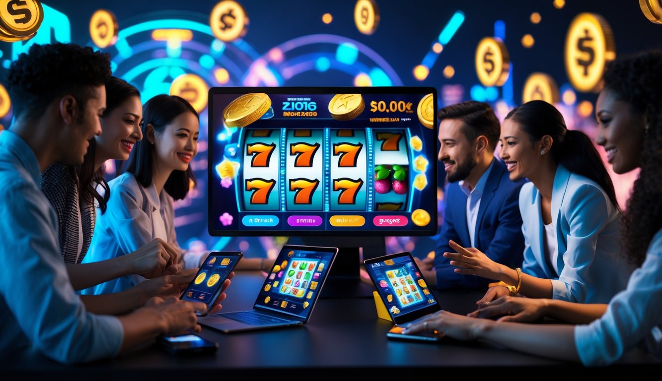 Beberapa orang menggunakan perangkat digital untuk bermain game slot online dengan layar penuh warna dan simbol keberuntungan.