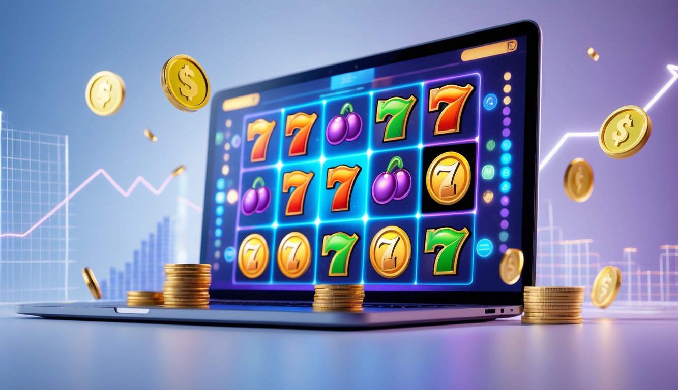 Sebuah layar komputer menampilkan permainan slot online dengan simbol keberuntungan dan grafik peluang menang di latar belakang.