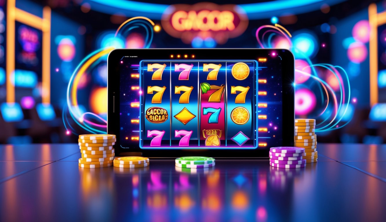 Layar perangkat modern menampilkan permainan mesin slot online dengan simbol warna-warni dan efek digital di latar belakang kasino futuristik.