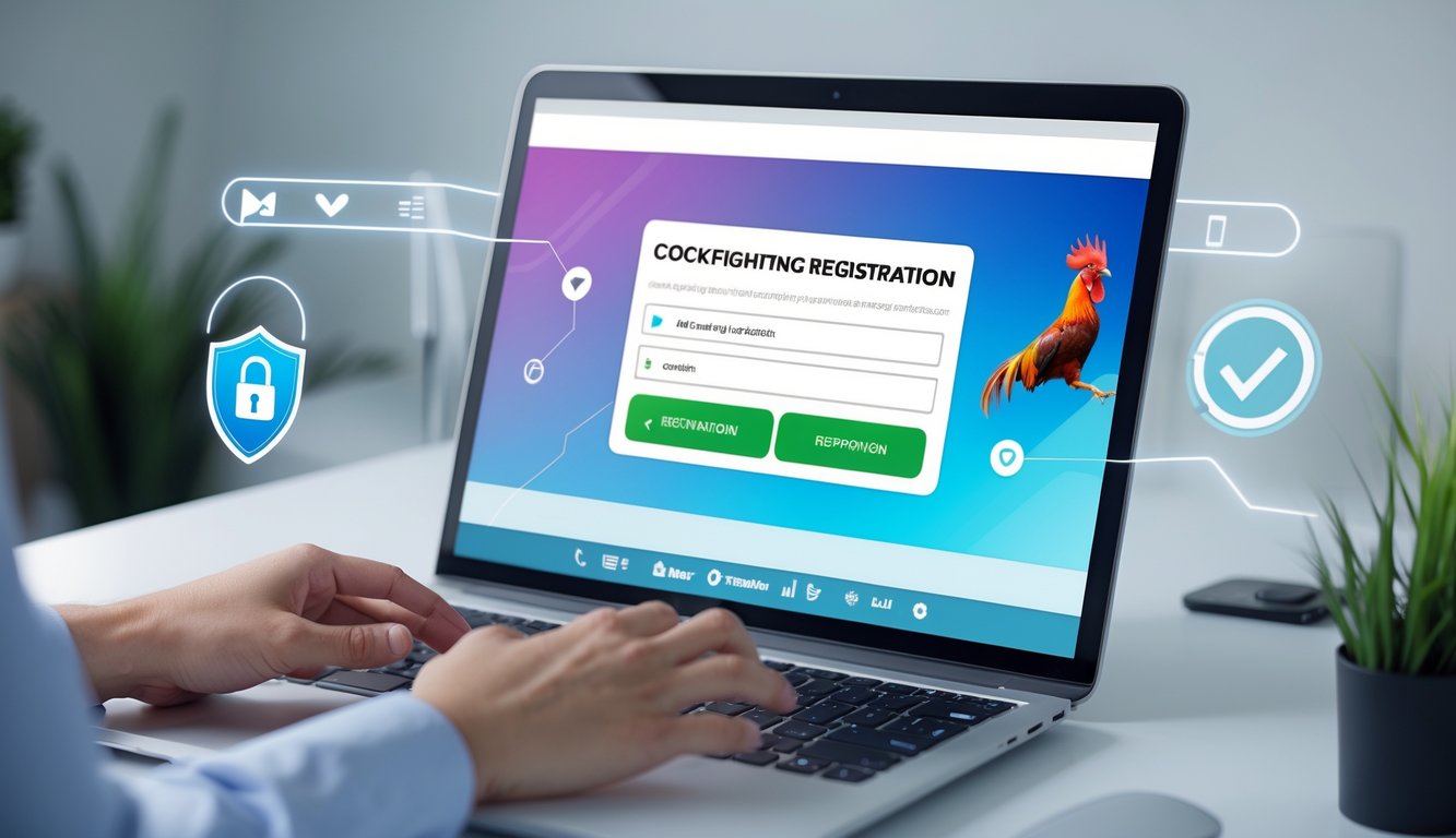 Seseorang menggunakan komputer di meja kerja dengan tampilan formulir pendaftaran online yang modern dan aman.