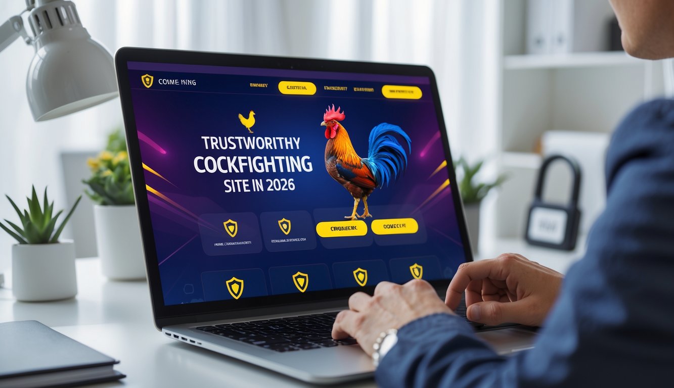 Seseorang menggunakan komputer dengan tampilan situs sabung ayam online yang aman dan terpercaya di ruang kerja yang terang.