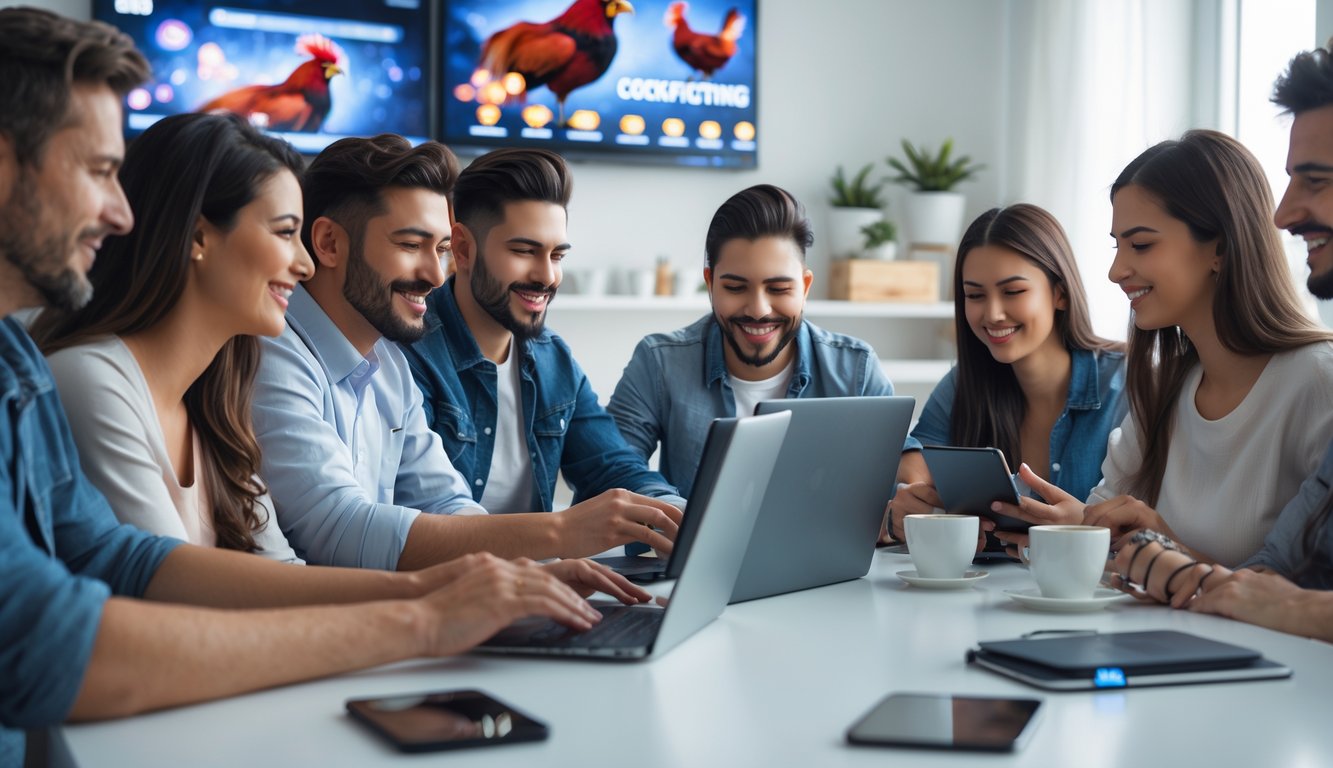 Orang-orang sedang menggunakan laptop dan ponsel di ruangan terang untuk mendaftar dan bermain di situs sabung ayam online terpercaya.