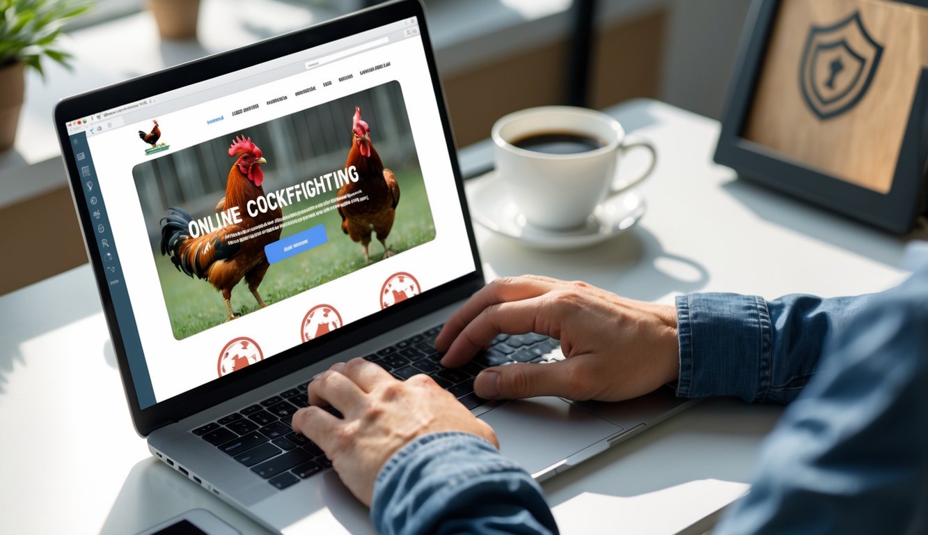 Seseorang menggunakan laptop di meja kerja dengan tampilan situs sabung ayam online terpercaya di layar.