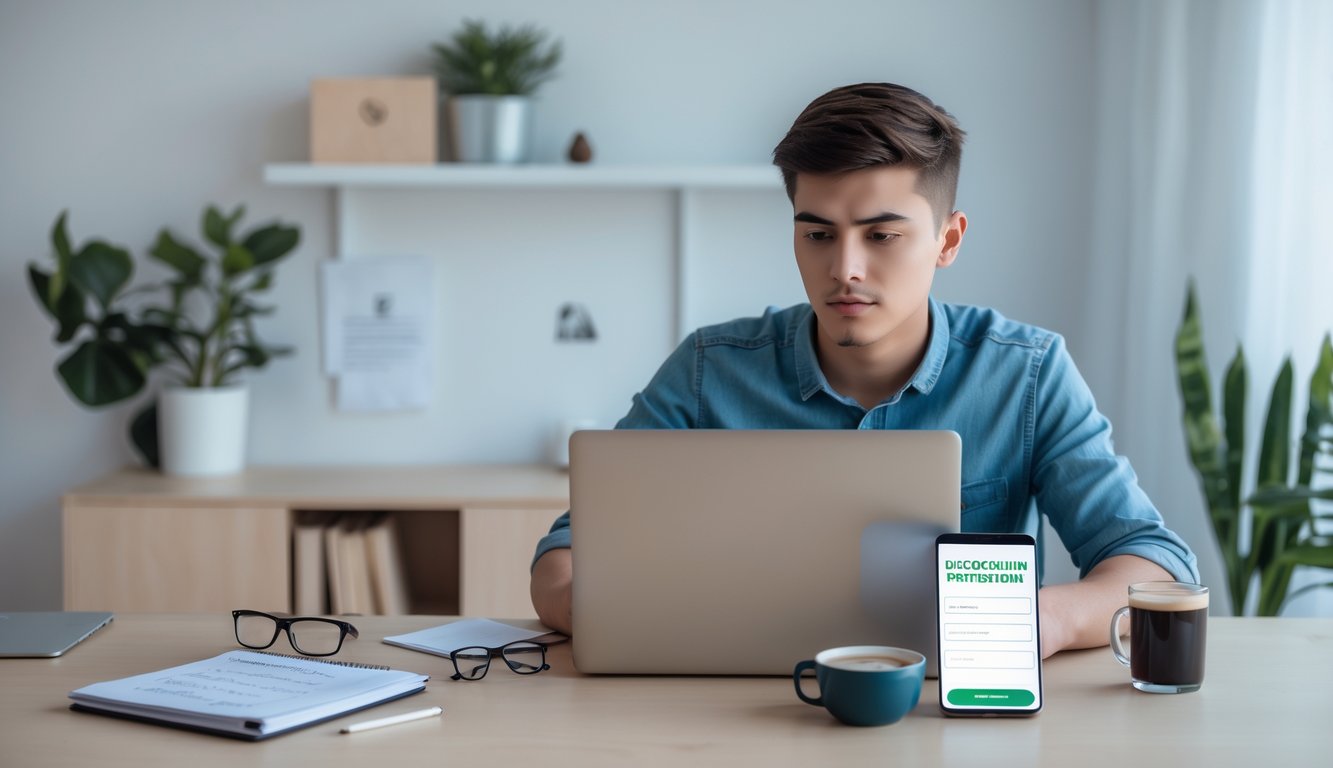 Seseorang duduk di meja dengan laptop, menyiapkan pendaftaran situs sabung ayam online dengan catatan dan ponsel di meja.