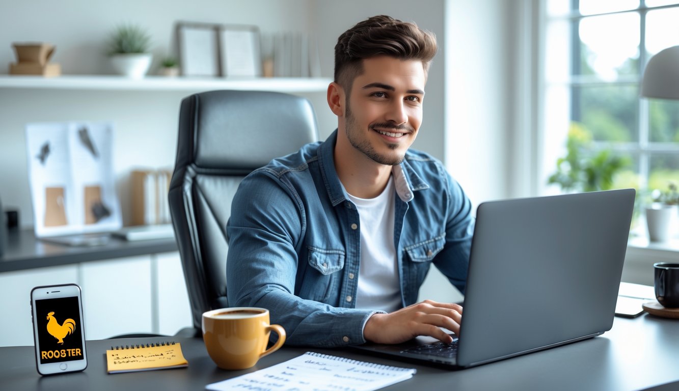 Seorang pria muda duduk di meja dengan laptop terbuka, terlihat fokus dan percaya diri, di ruang kerja rumah yang terang dengan cahaya alami.
