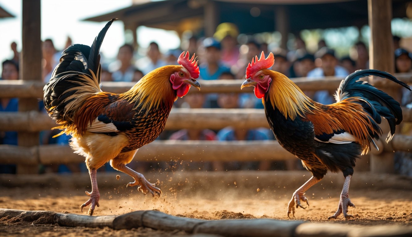Dua ayam petarung sedang bertarung di arena dengan penonton di latar belakang.