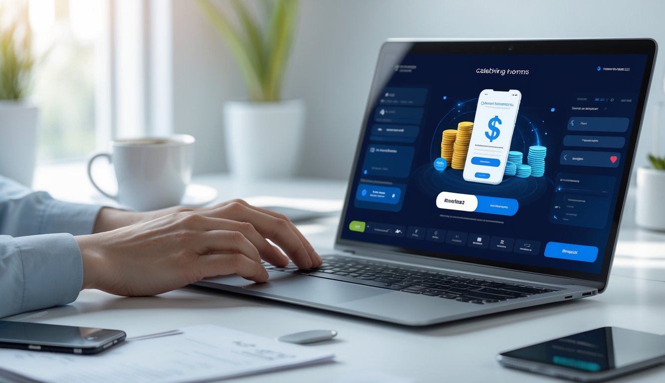 Seseorang menggunakan laptop di meja kerja dengan layar menampilkan transaksi deposit online, di ruang yang terang dan rapi.