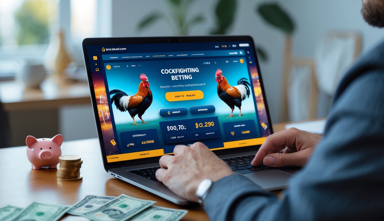 Seseorang menggunakan laptop atau ponsel di ruang kerja modern dengan tampilan platform taruhan sabung ayam online di layar.