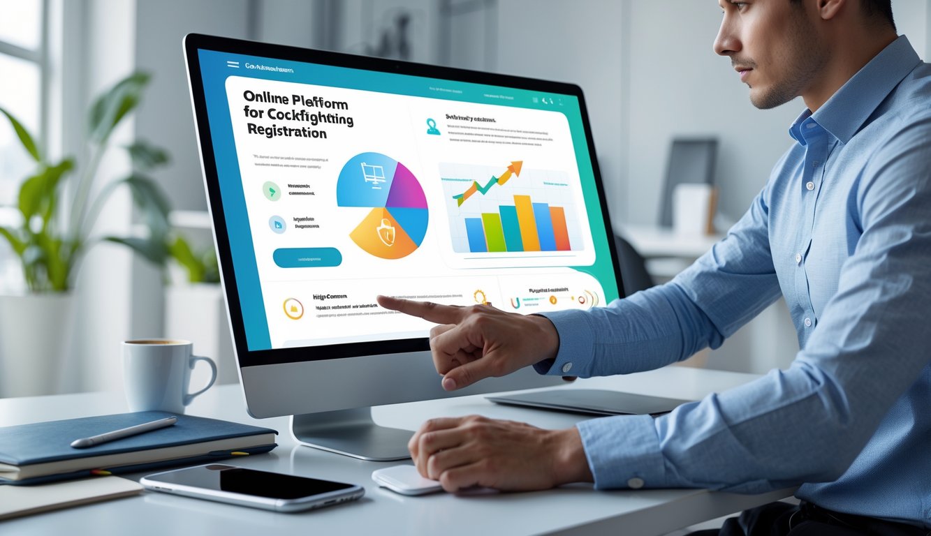 Seorang pria muda menggunakan komputer di kantor modern dengan layar yang menampilkan platform pendaftaran sabung ayam online.