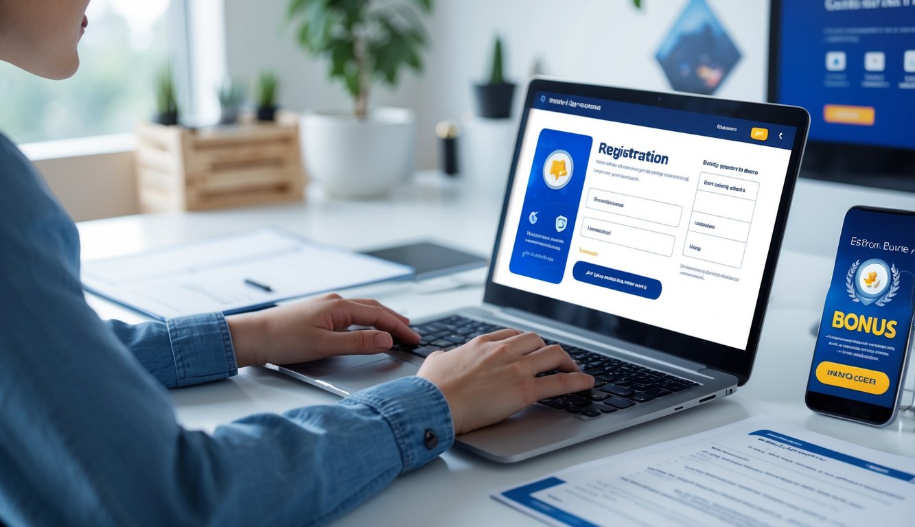 Seseorang sedang mendaftar secara online menggunakan laptop di meja kerja yang rapi dengan dokumen dan ponsel di sampingnya.