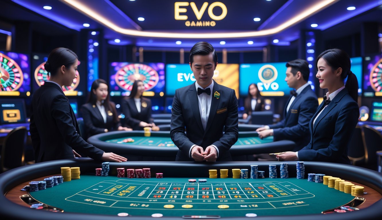 Suasana kasino langsung dengan dealer profesional dan meja permainan modern yang menampilkan teknologi permainan EVO Gaming.