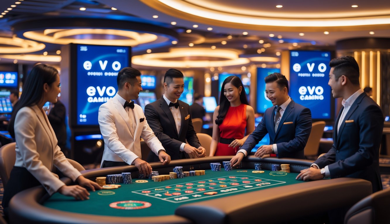 Sejumlah pemain dan dealer sedang bermain di meja kasino langsung dengan suasana mewah dan pencahayaan hangat.