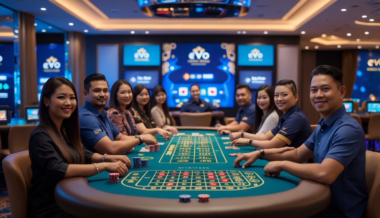 Beberapa orang bermain di meja kasino langsung dengan suasana modern dan nyaman, menampilkan permainan kartu dan roda roulette.