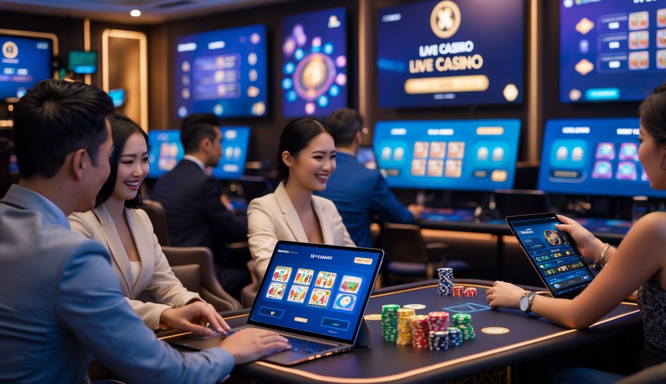 Orang-orang bermain permainan kasino langsung di lounge kasino modern dengan perangkat digital.