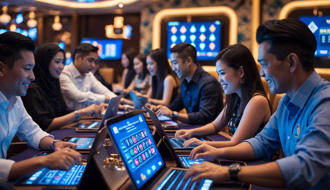 Beberapa orang sedang bermain berbagai permainan kasino online di sebuah ruangan kasino modern yang terang dan ramai.