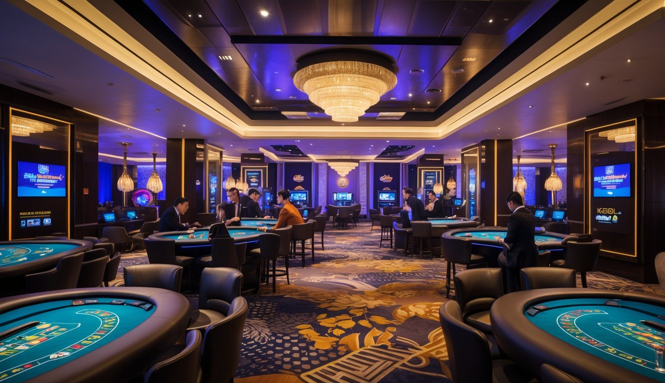 Suasana kasino langsung modern dengan meja dealer dan pemain yang sedang bermain game di dalam ruangan yang terang dan nyaman.
