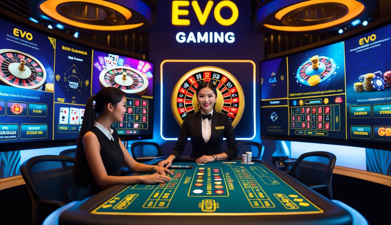 Seorang dealer kasino langsung yang profesional sedang berinteraksi dengan pemain melalui layar dalam studio kasino modern dengan permainan kasino yang hidup di latar belakang.