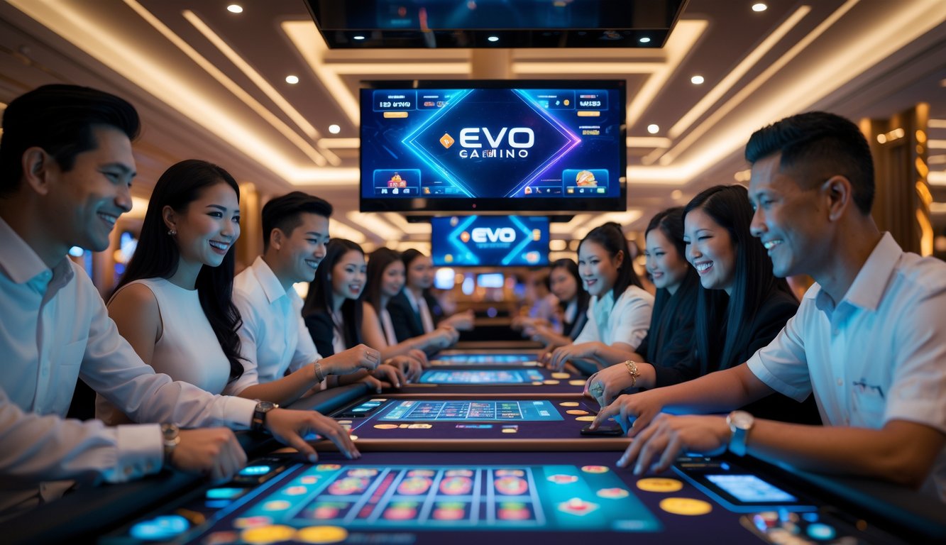 Suasana kasino langsung modern dengan pemain Indonesia yang antusias bermain di meja permainan digital dengan fitur canggih.