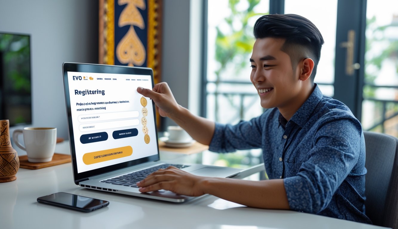 Seorang pria muda di kantor rumah sedang mendaftar di situs kasino online menggunakan laptop dengan ekspresi fokus dan senang.