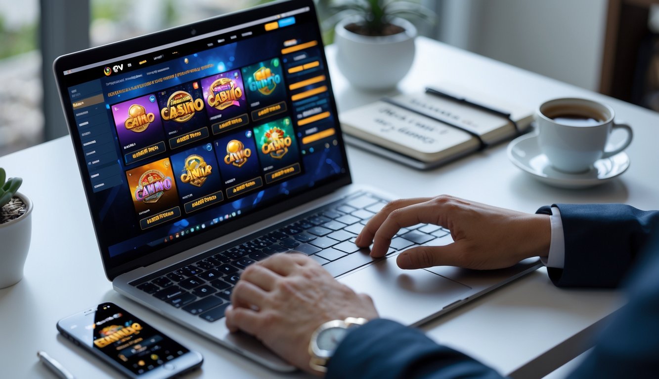Seorang pengguna sedang mendaftar dan mempersiapkan akun di situs live casino menggunakan laptop di meja kerja yang rapi.
