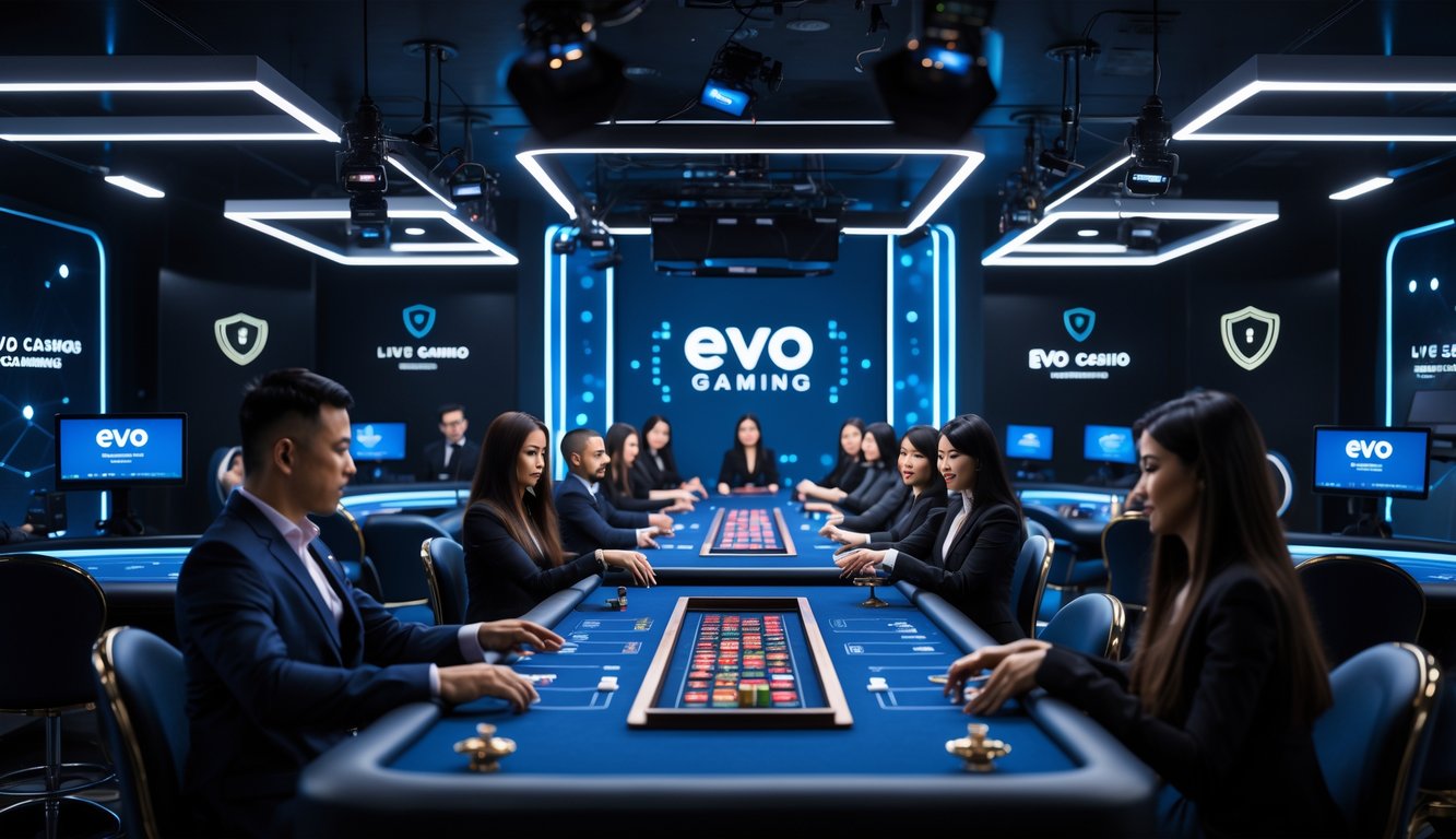 Suasana kasino langsung modern dengan dealer dan pemain di meja permainan, dilengkapi peralatan streaming canggih dan ikon keamanan digital di latar belakang.