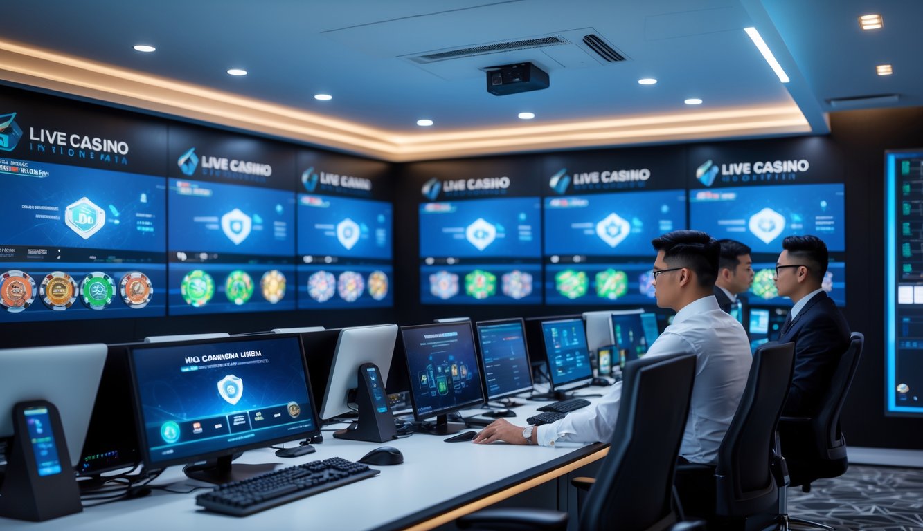 Ruang kontrol modern dengan beberapa monitor besar menampilkan permainan kasino langsung, tim profesional memantau keamanan dan kualitas streaming.