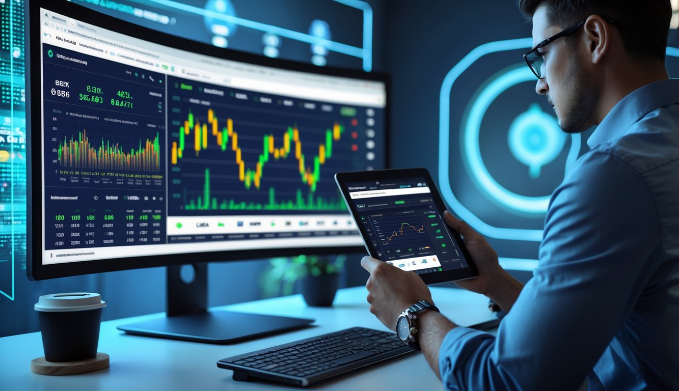 Seorang pria menggunakan tablet di meja kerja modern dengan layar komputer besar menampilkan statistik olahraga dan grafik taruhan.