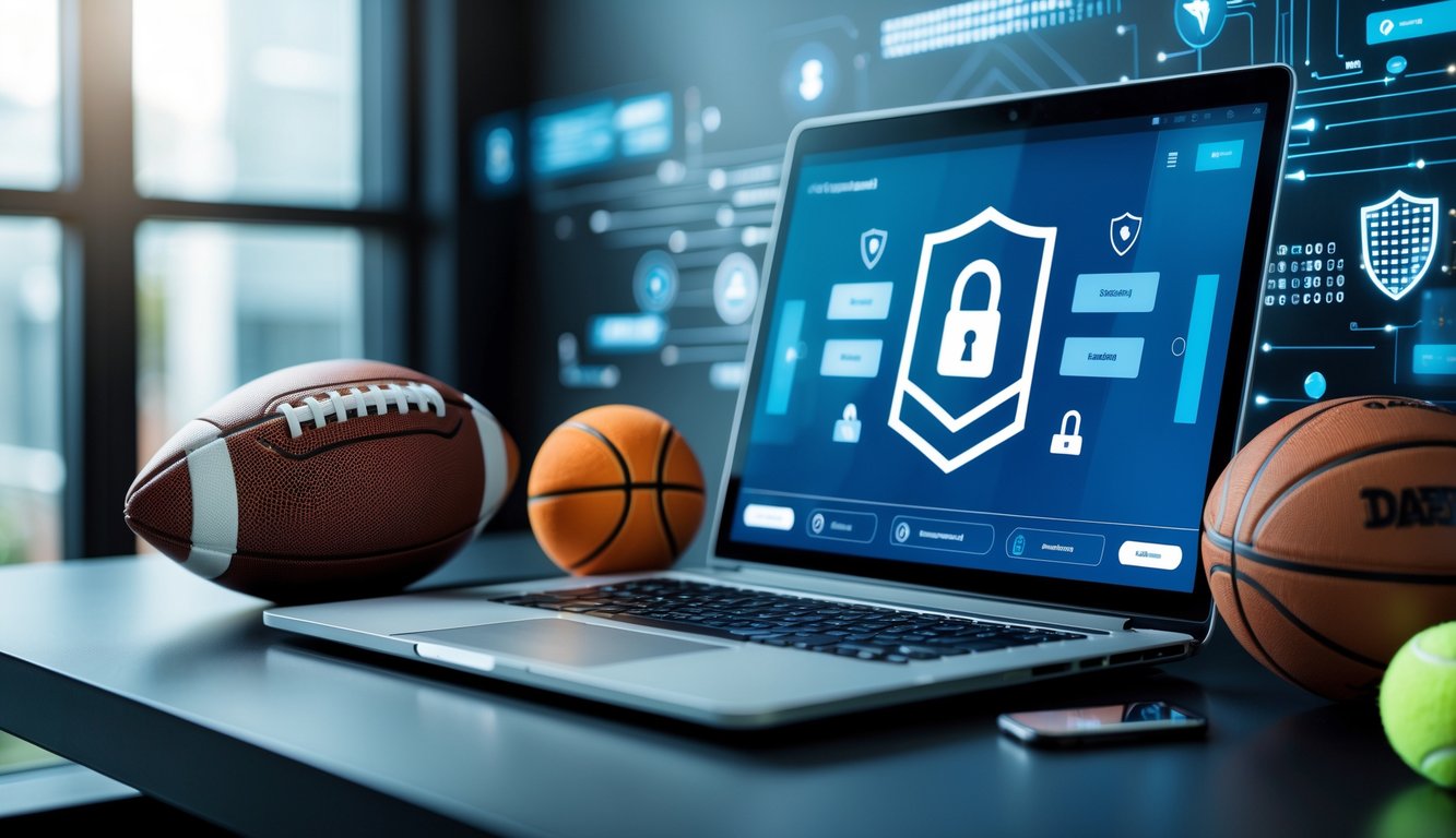 Sebuah laptop di meja kerja menampilkan antarmuka situs taruhan olahraga yang aman dengan ikon keamanan, dikelilingi oleh bola olahraga seperti sepak bola, bola basket, dan bola tenis.
