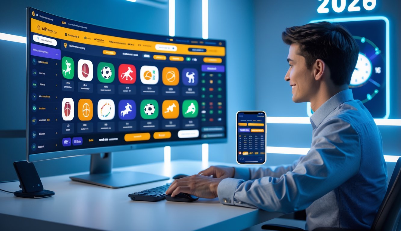 Seorang dewasa muda duduk di meja kerja dengan monitor besar menampilkan antarmuka taruhan olahraga online, dikelilingi perangkat teknologi modern.