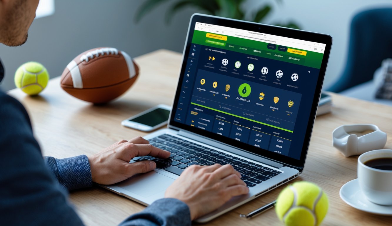 Seseorang menggunakan laptop dengan tampilan situs taruhan olahraga online, di meja terdapat bola sepak, bola basket, dan bola tenis.