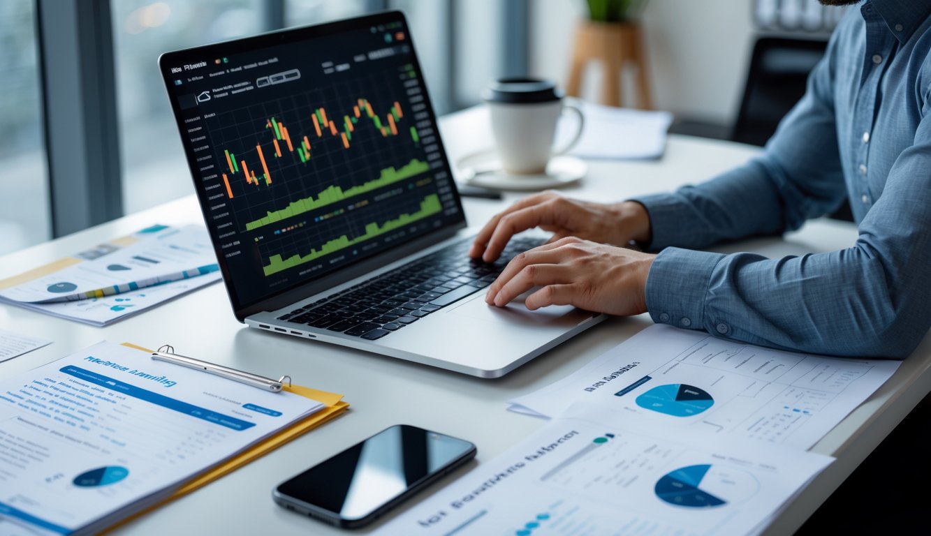 Seseorang sedang bekerja di depan laptop dengan dokumen dan catatan di meja, menyiapkan data untuk pendaftaran situs taruhan olahraga online.