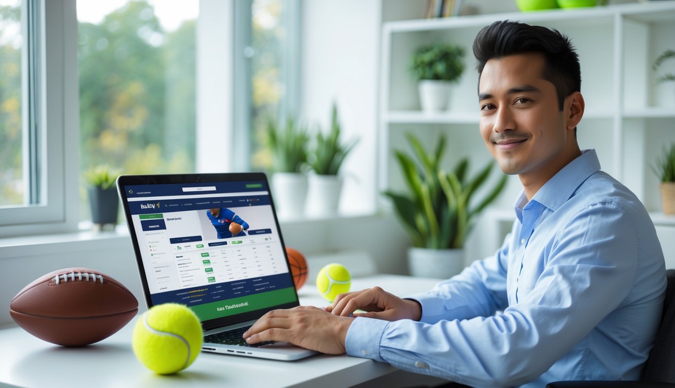 Seorang pria muda duduk di meja dengan laptop, dikelilingi bola olahraga, menunjukkan suasana taruhan olahraga online yang terpercaya untuk pemula.