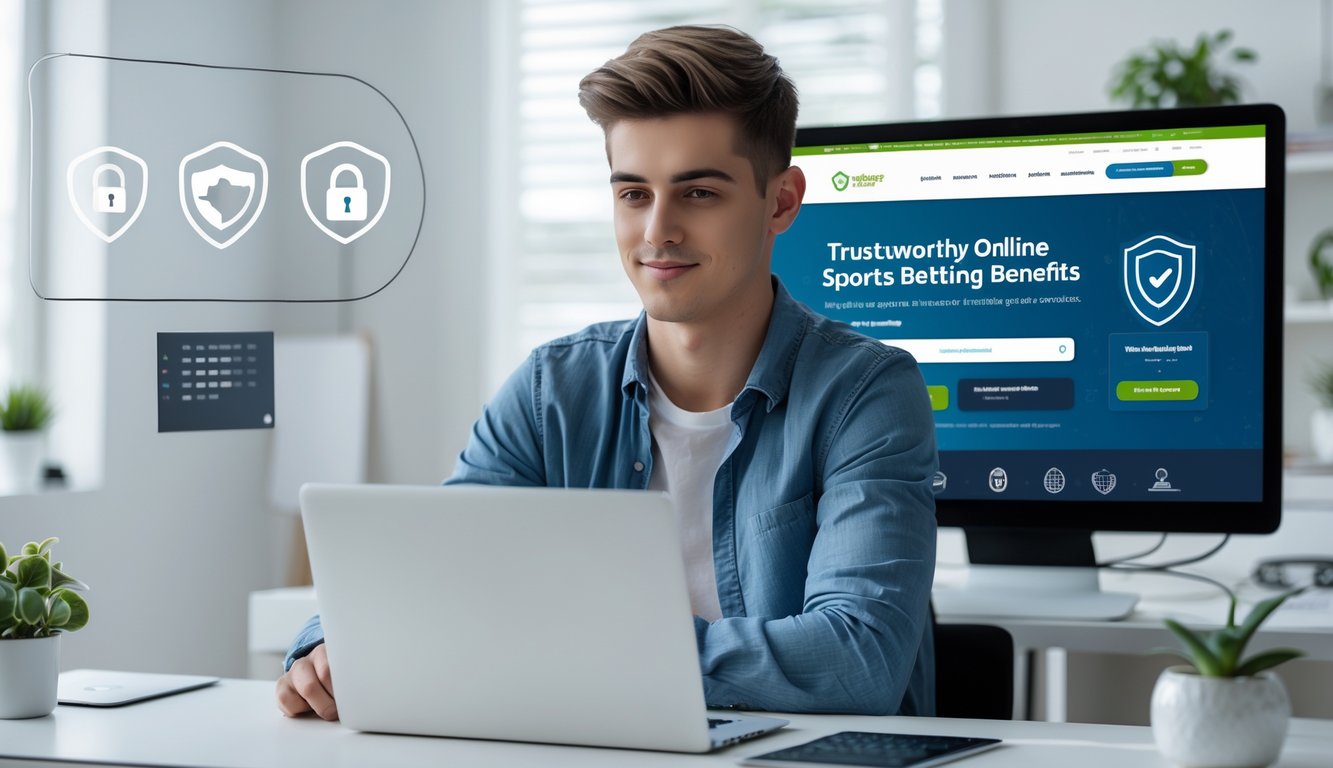 Seorang pria muda duduk di meja dengan laptop di ruang kerja rumah yang terang, fokus menggunakan situs taruhan olahraga online yang aman.