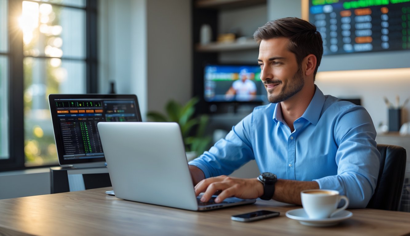 Seseorang yang percaya diri menggunakan laptop di ruang kerja rumah yang modern dan terang, dengan layar kedua menampilkan skor olahraga digital dan ponsel di meja.