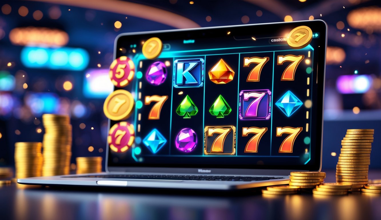 Layar komputer menampilkan permainan slot online dengan simbol berwarna-warni dan koin yang berkilauan di sekitarnya.