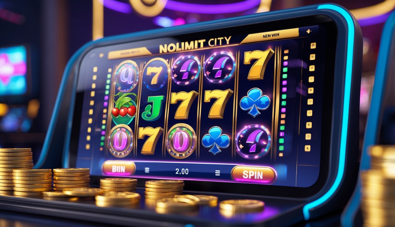 Antarmuka permainan slot online dengan simbol berwarna-warni dan latar belakang kasino yang gelap dengan lampu neon.