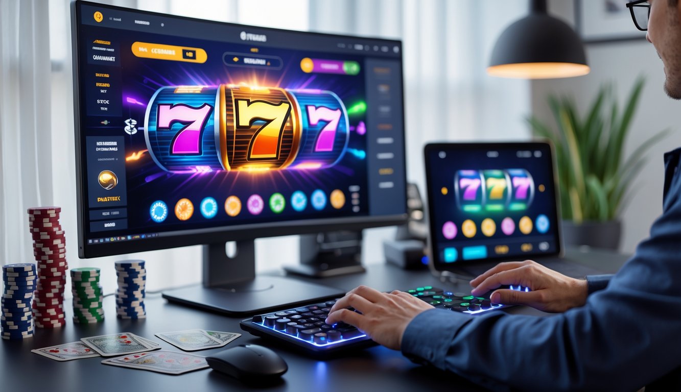 Seseorang sedang bermain slot online di komputer dengan ponsel di meja dan peralatan kerja di ruang kerja rumah.