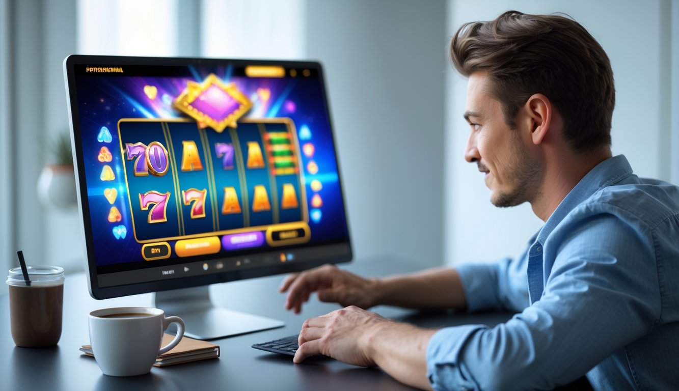 Seorang pria muda duduk di depan laptop yang menampilkan permainan slot online, fokus dan terlihat sedang merencanakan strategi menang.