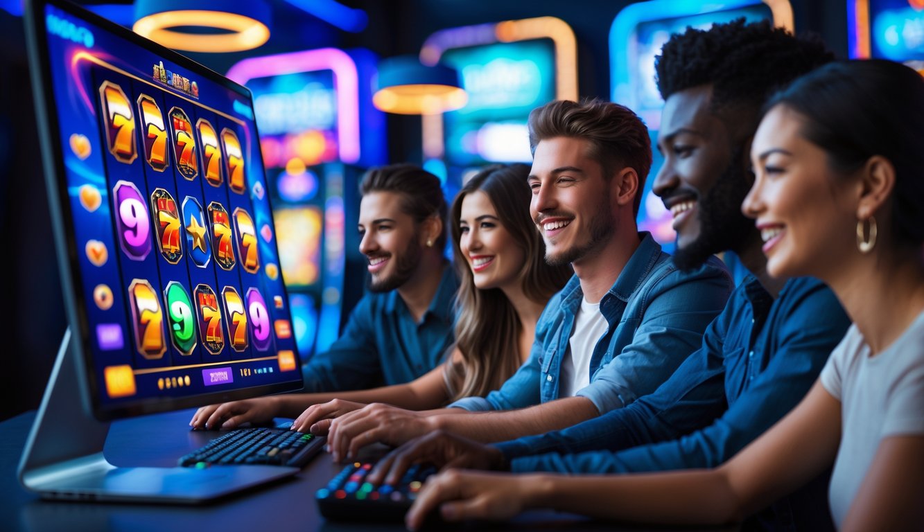Beberapa orang bermain slot online di depan layar komputer dengan ekspresi senang dan fokus.