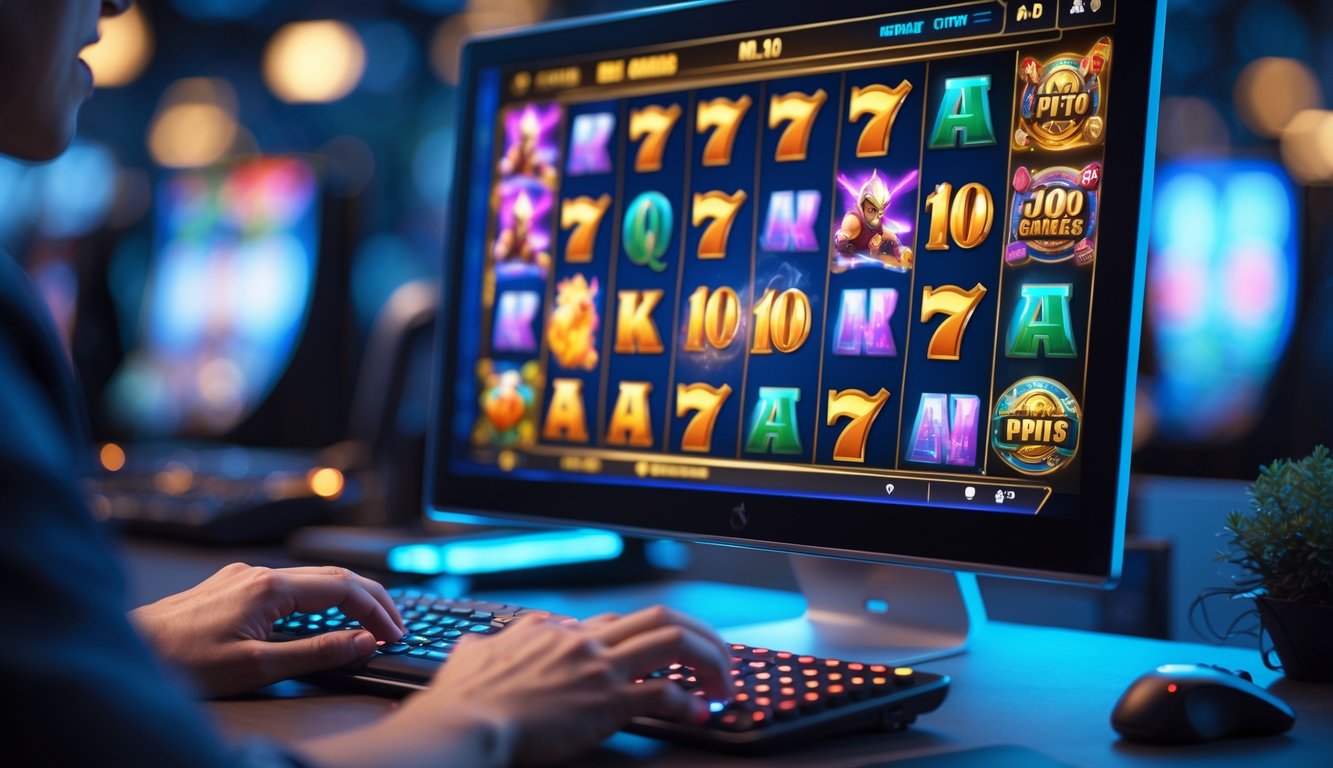 Seseorang sedang bermain game slot online di depan komputer dengan layar menampilkan grafik permainan yang cerah dan berwarna-warni.