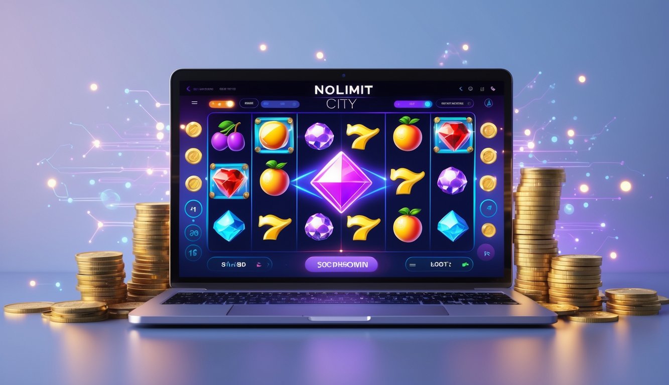 Layar komputer menampilkan permainan slot online dengan simbol warna-warni, dikelilingi tumpukan koin dan cahaya yang menggambarkan kemenangan dan keuntungan.