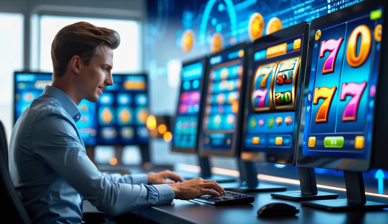 Seorang pengguna di depan beberapa layar komputer menampilkan permainan slot online dengan latar belakang elemen teknologi dan keamanan digital.