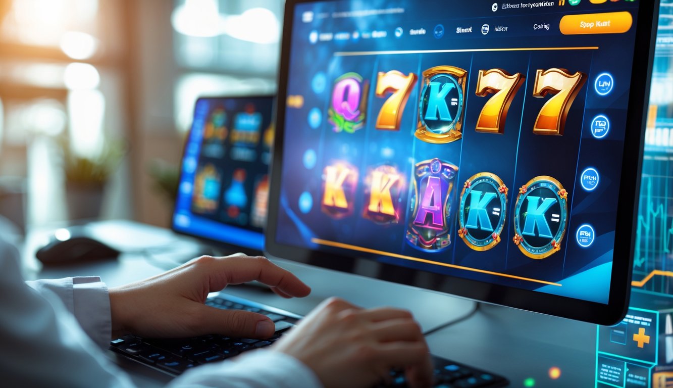 Seseorang menggunakan komputer dengan tampilan permainan slot online yang berwarna-warni dan modern di layar.